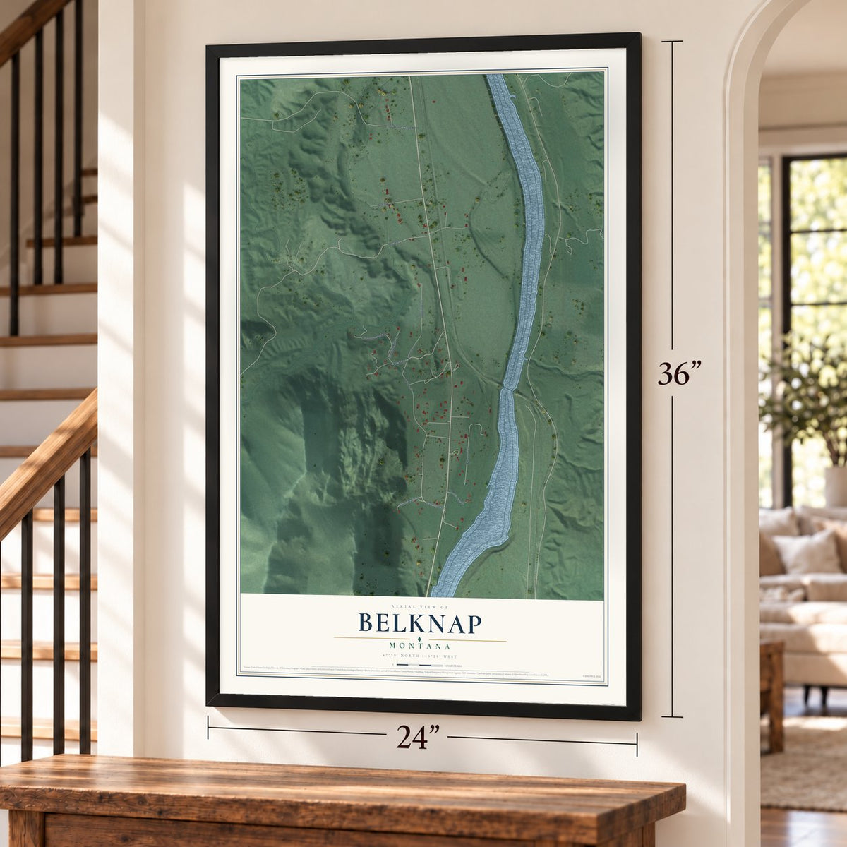 Belknap, Montana map, 24 x 36 inch print in a black frame by a staircase