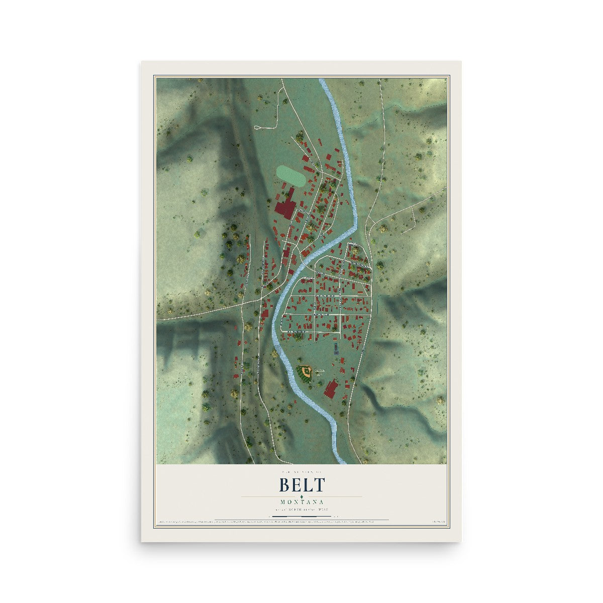 Map of Belt, Montana, 12 x 18 inch unframed archival matte print