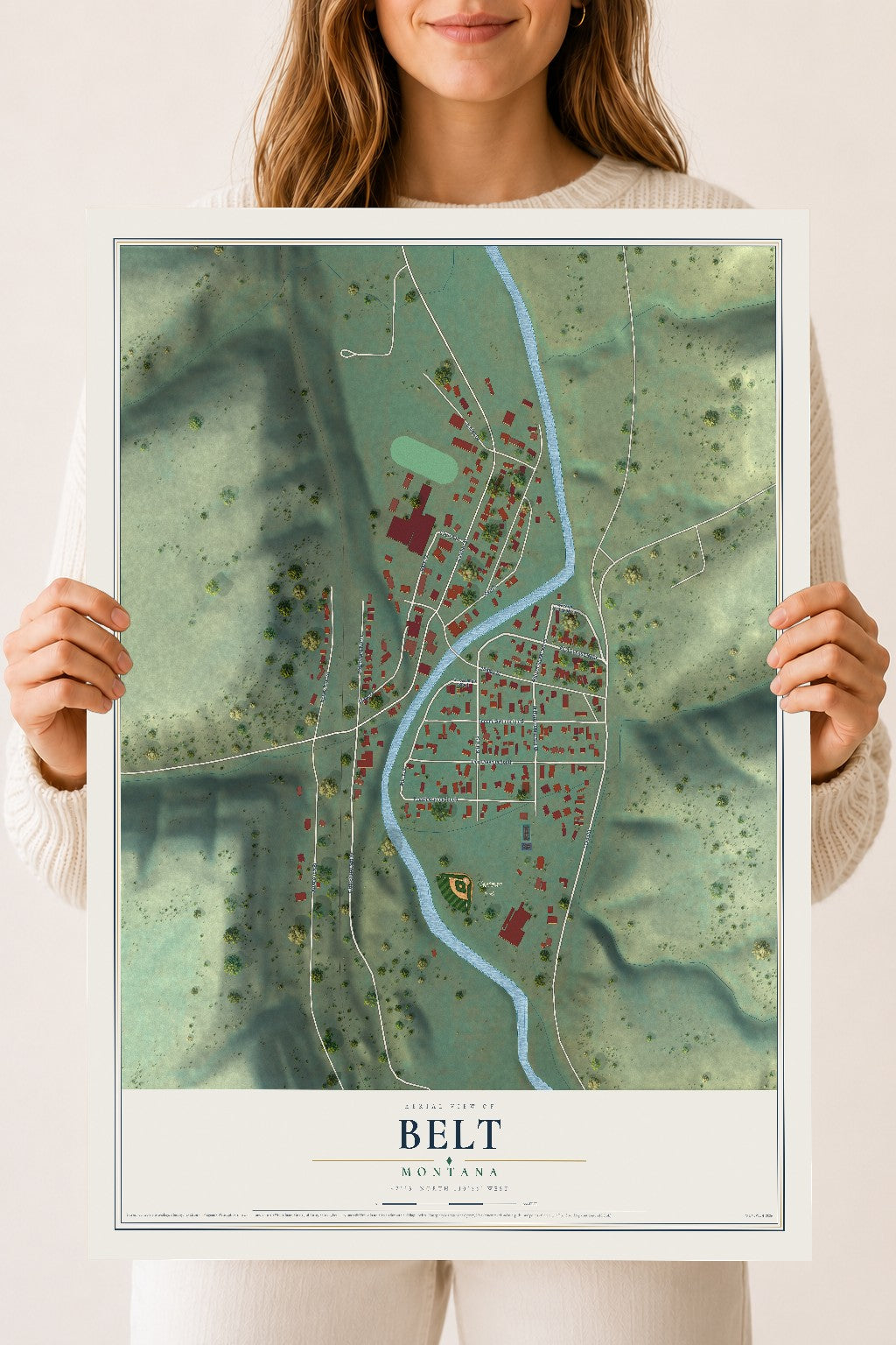 Map of Belt, Montana, 18 x 24 inch unframed archival matte print