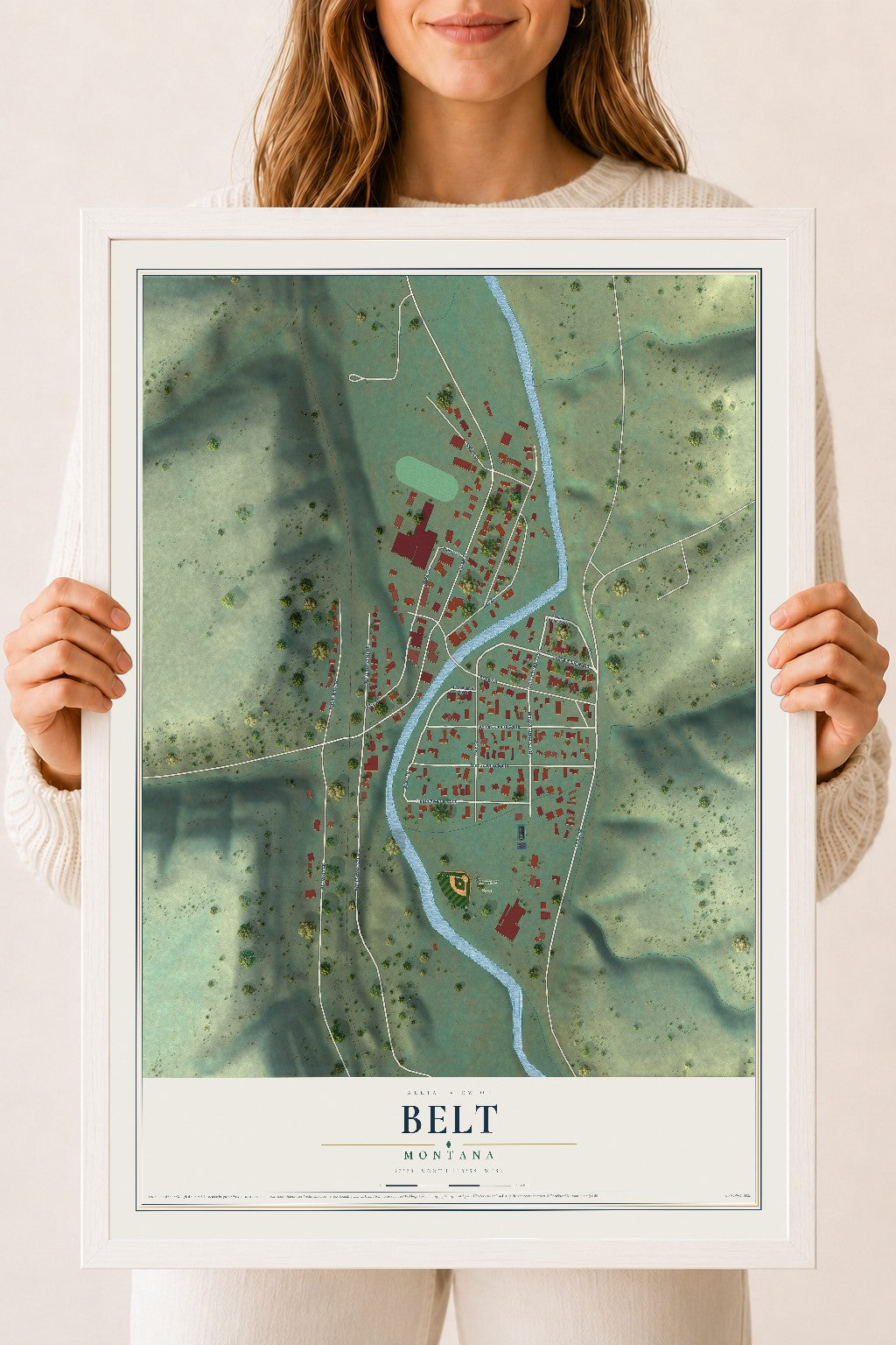 Map of Belt, Montana, 18 x 24 inch print in a white wood frame