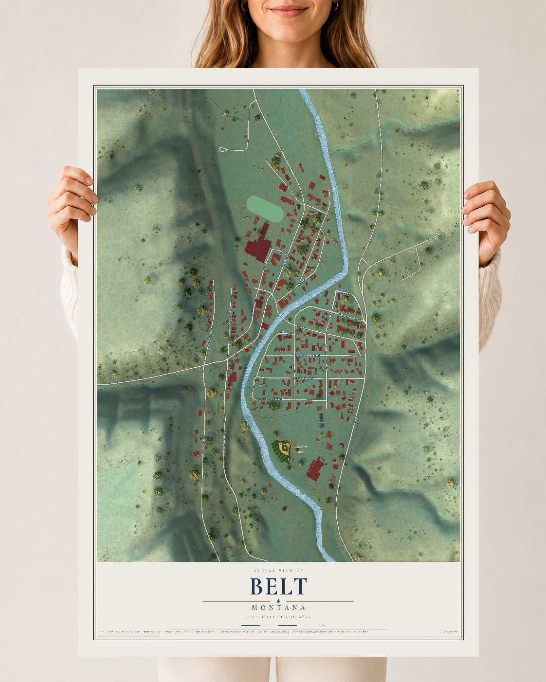 Map of Belt, Montana, 24 x 36 inch unframed archival matte print
