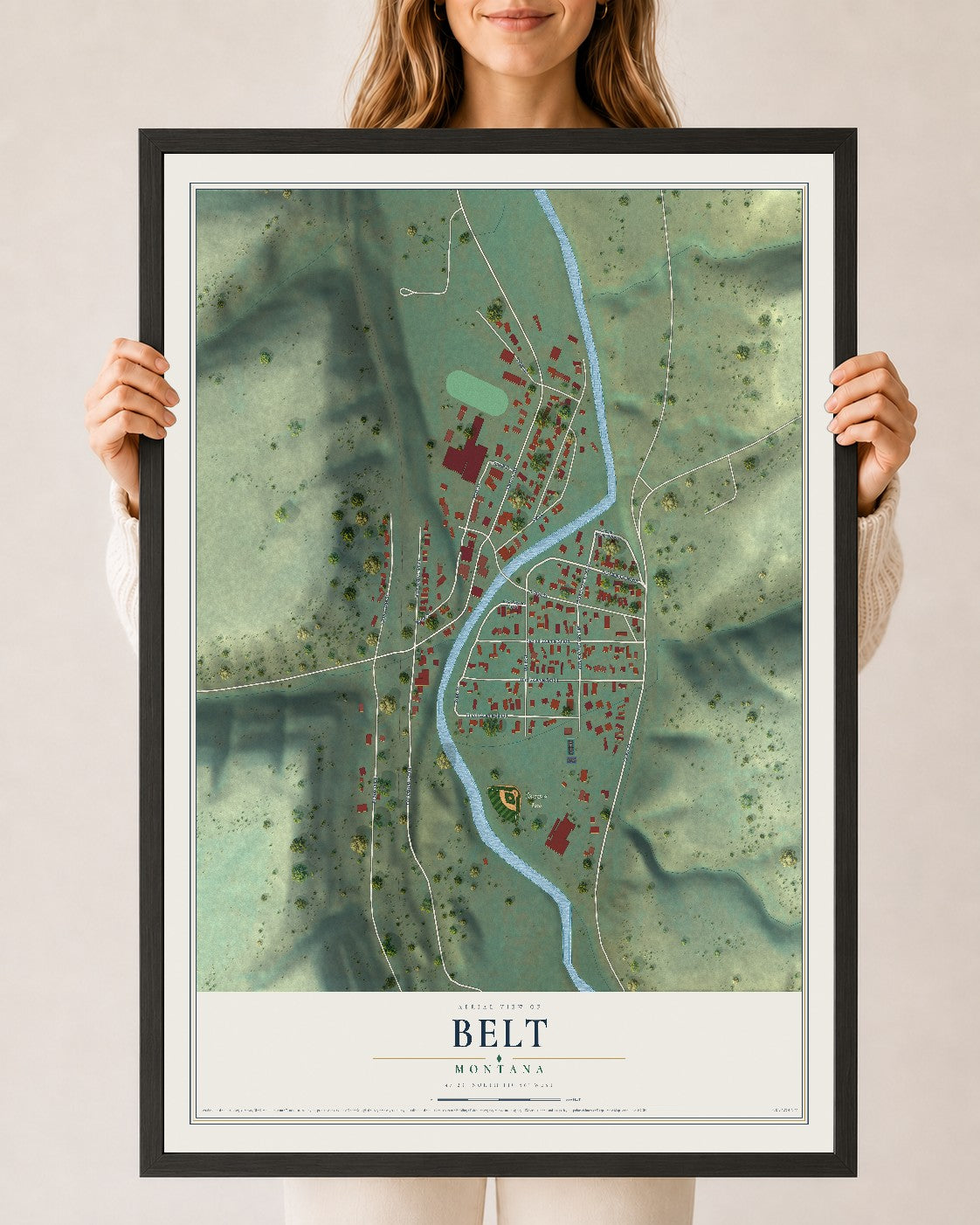 Map of Belt, Montana, 24 x 36 inch print in a black wood frame