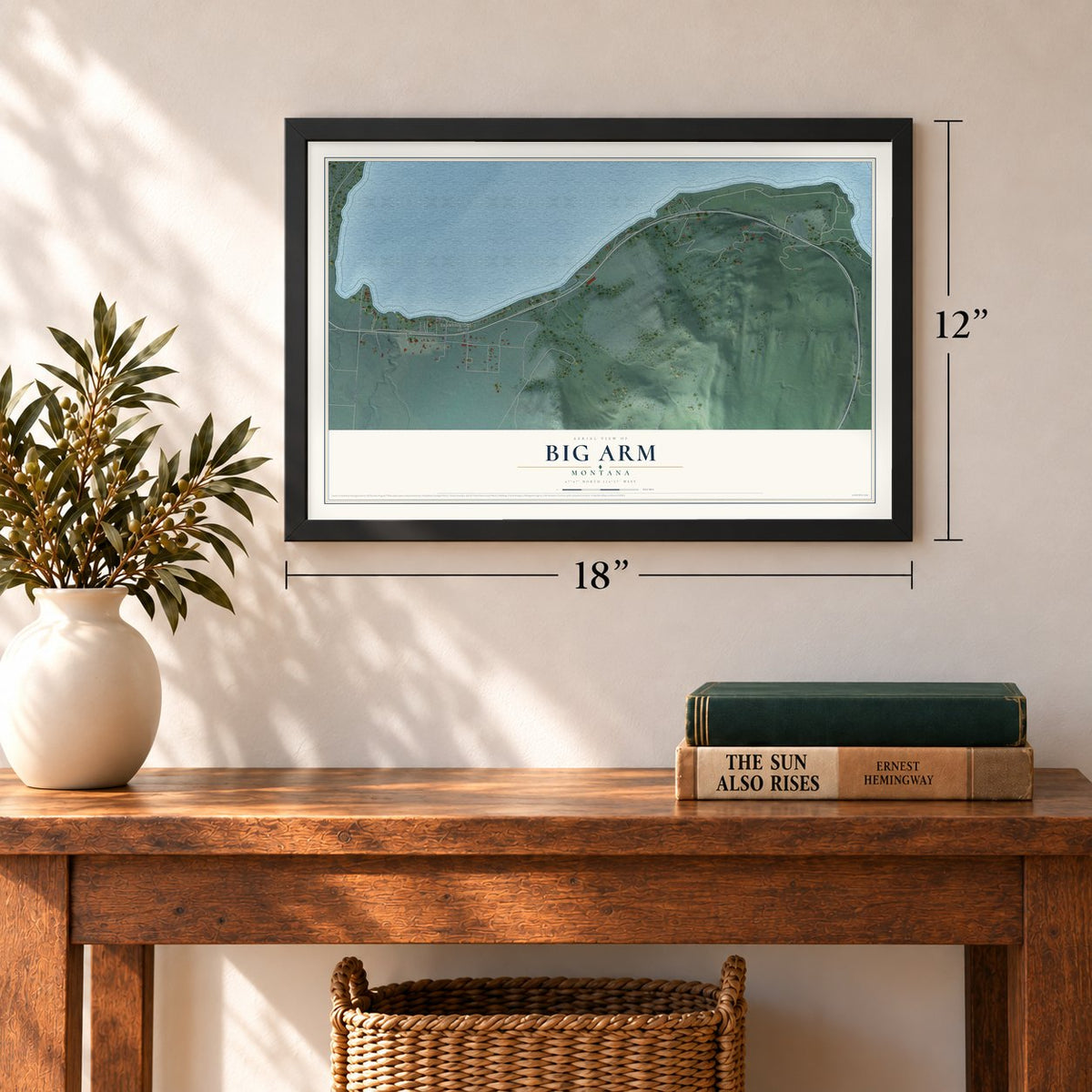 Big Arm, Montana map, 12 x 18 inch print in a black frame in an entryway