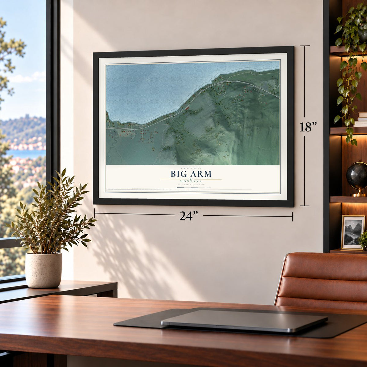 Big Arm, Montana map, 18 x 24 inch print in a black frame in a home office