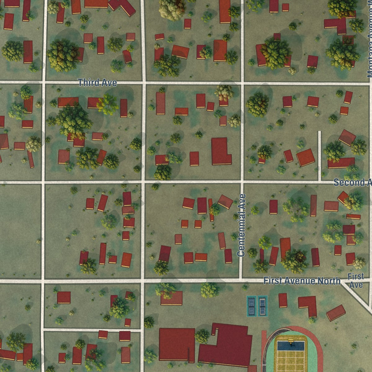 Second close-up of the map of Big Sandy, Montana print showing more streets and buildings