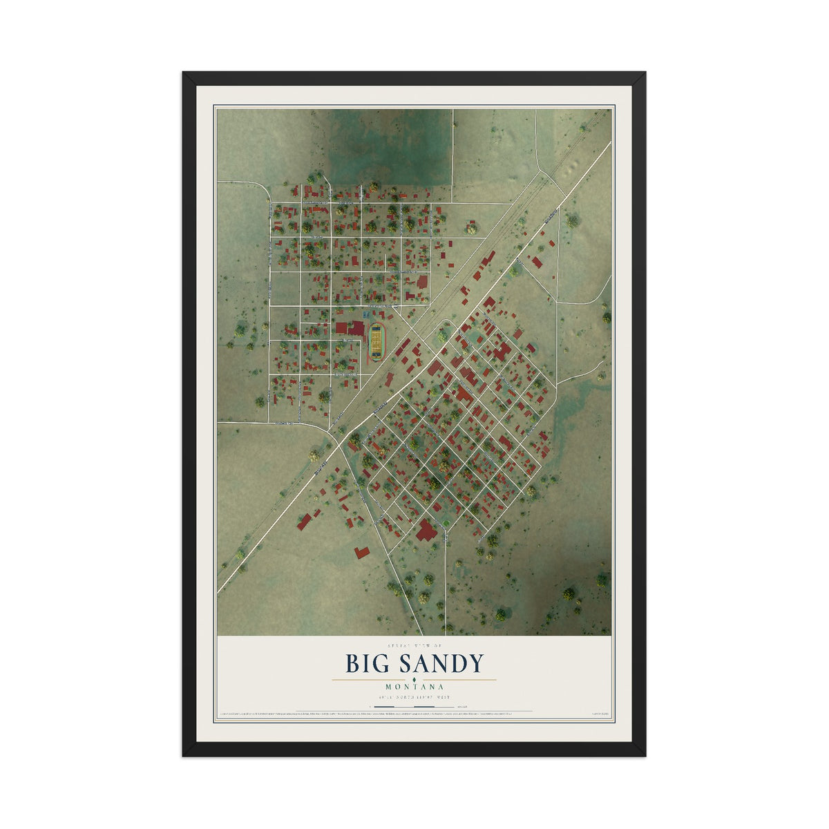 Map of Big Sandy, Montana, 12 x 18 inch print in a black wood frame