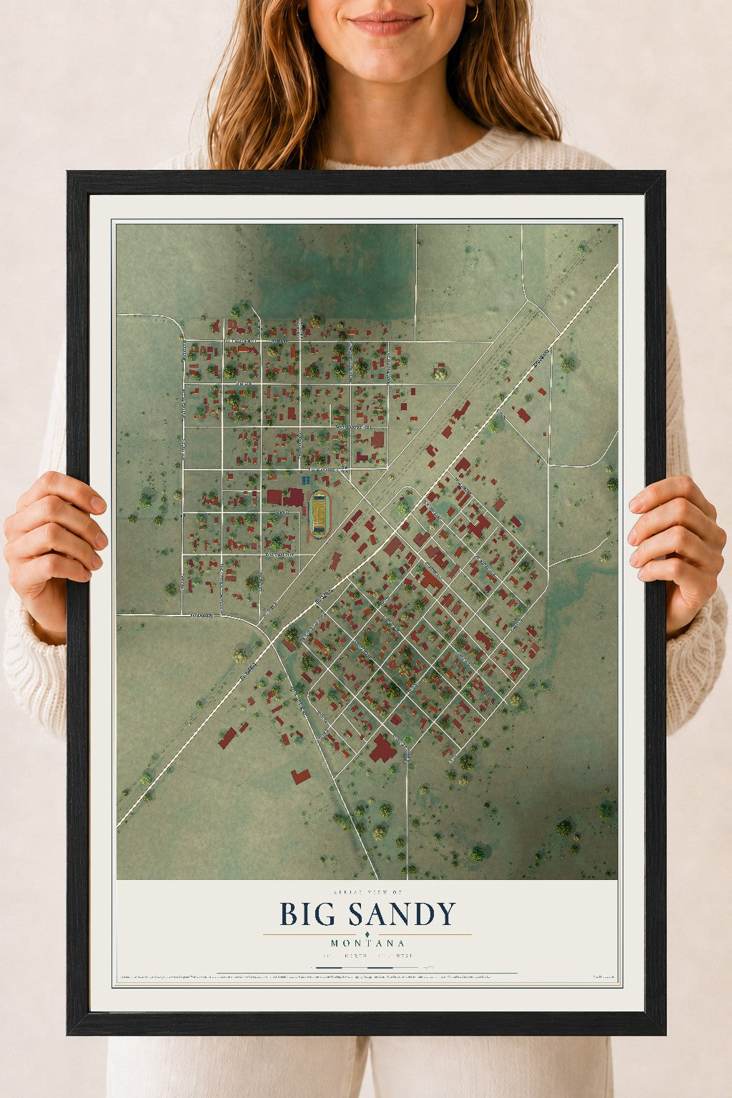 Map of Big Sandy, Montana, 18 x 24 inch print in a black wood frame