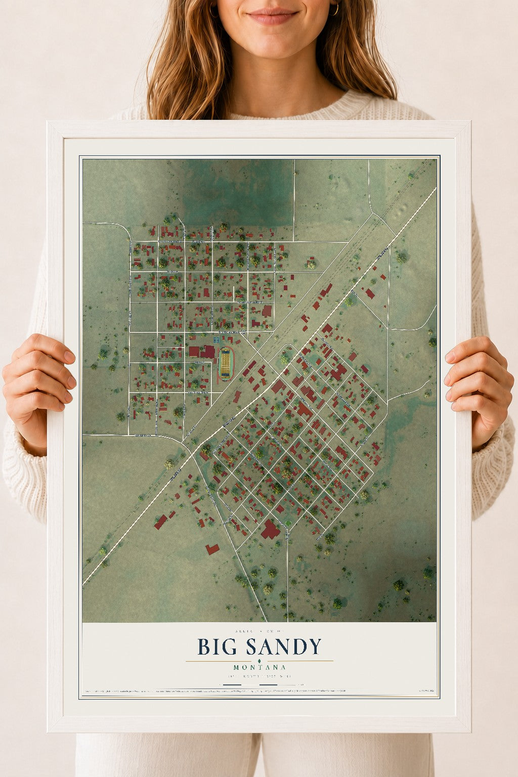 Map of Big Sandy, Montana, 18 x 24 inch print in a white wood frame