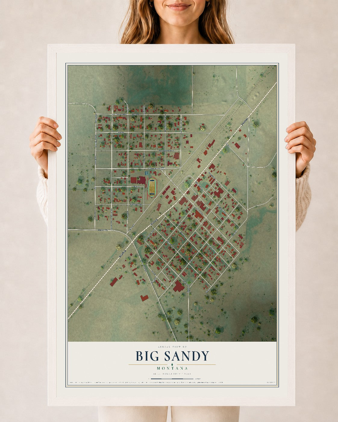 Map of Big Sandy, Montana, 24 x 36 inch print in a white wood frame