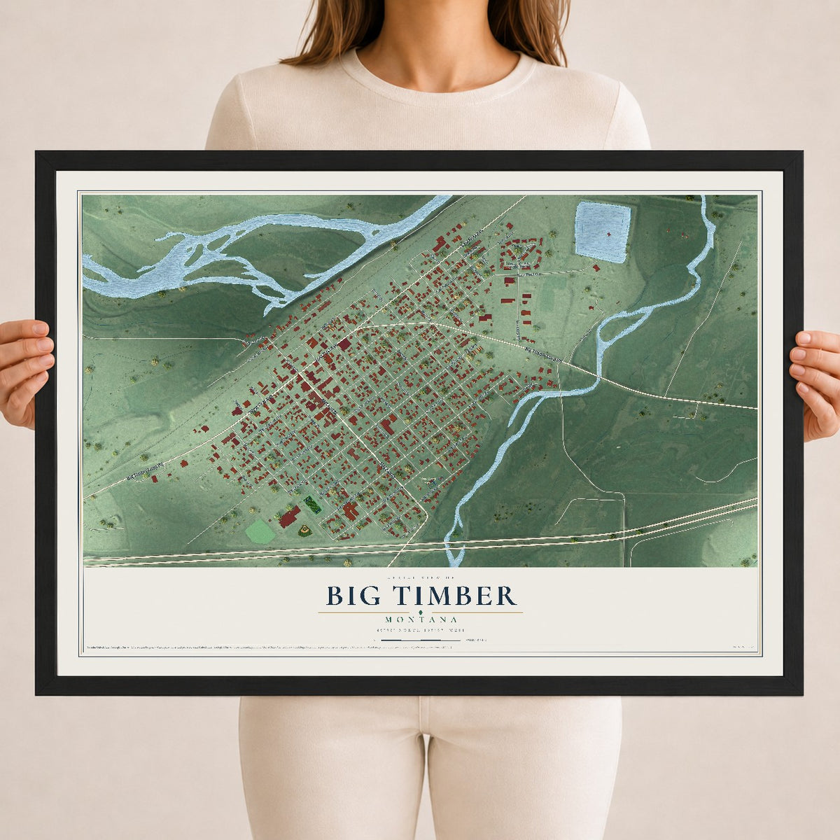 Map of Big Timber, Montana, 18 x 24 inch print in a black wood frame