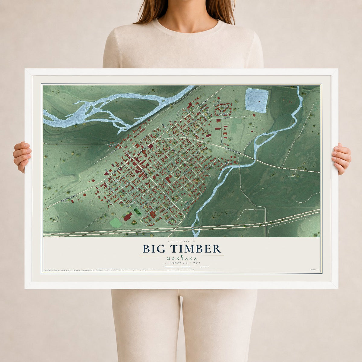 Map of Big Timber, Montana, 24 x 36 inch print in a white wood frame