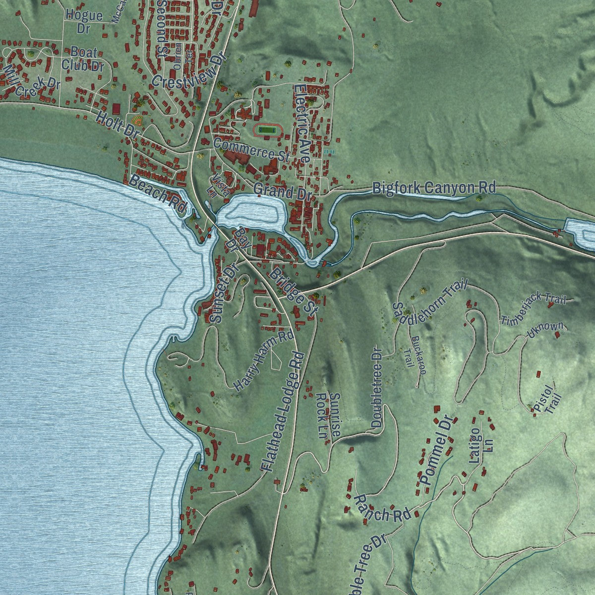 Second close-up of the map of Bigfork, Montana print showing more streets and buildings