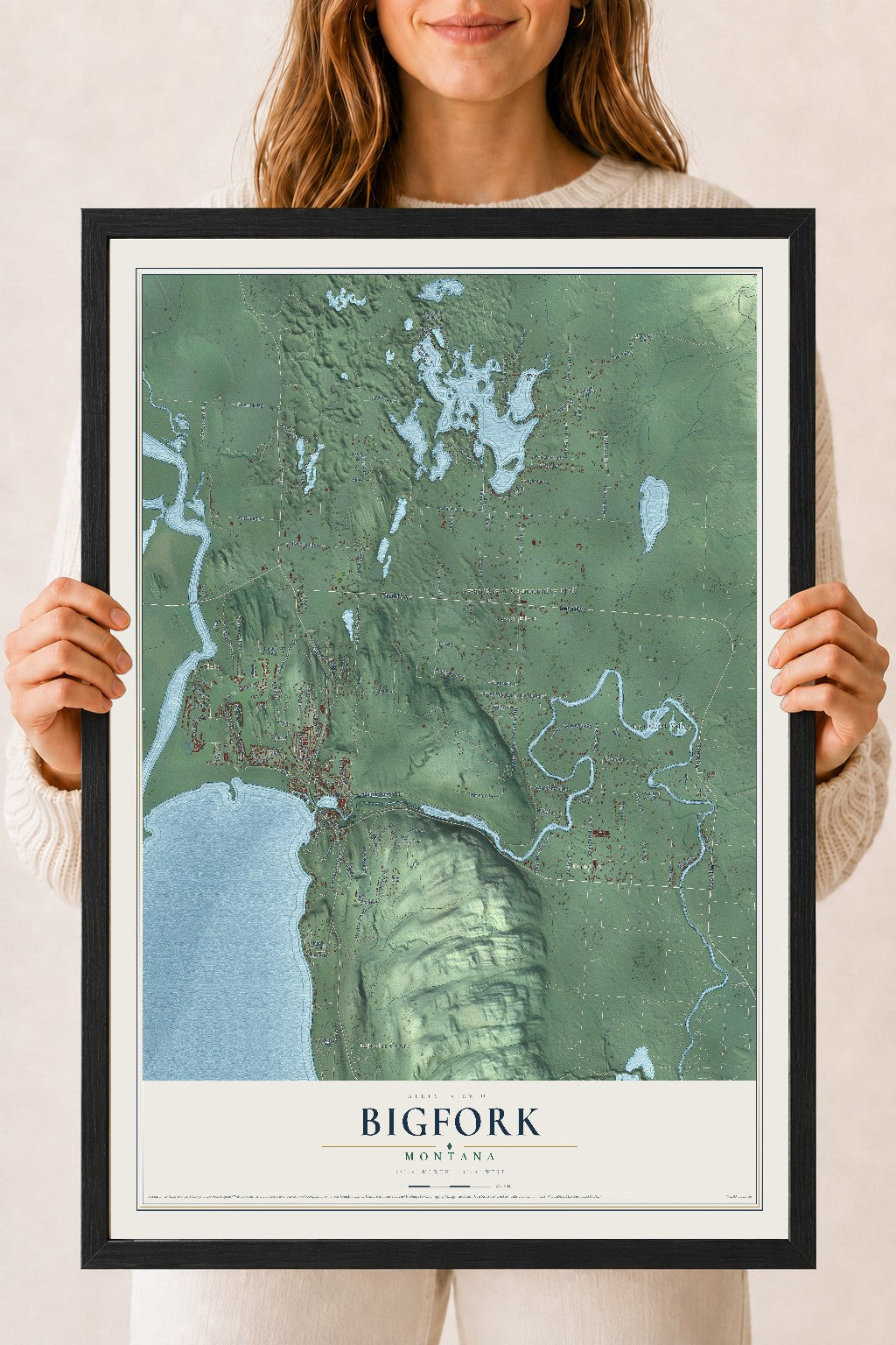 Map of Bigfork, Montana, 18 x 24 inch print in a black wood frame