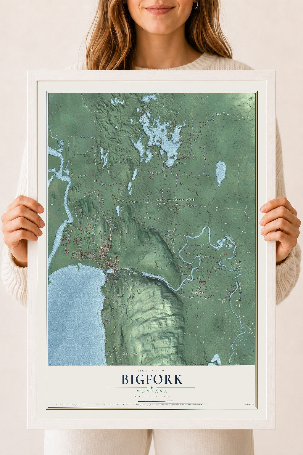Map of Bigfork, Montana, 18 x 24 inch print in a white wood frame