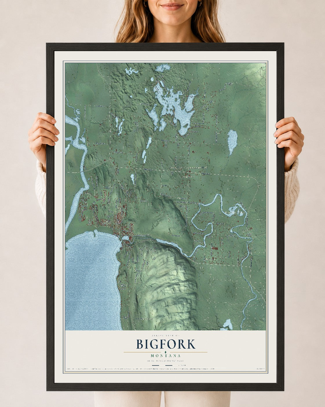 Map of Bigfork, Montana, 24 x 36 inch print in a black wood frame