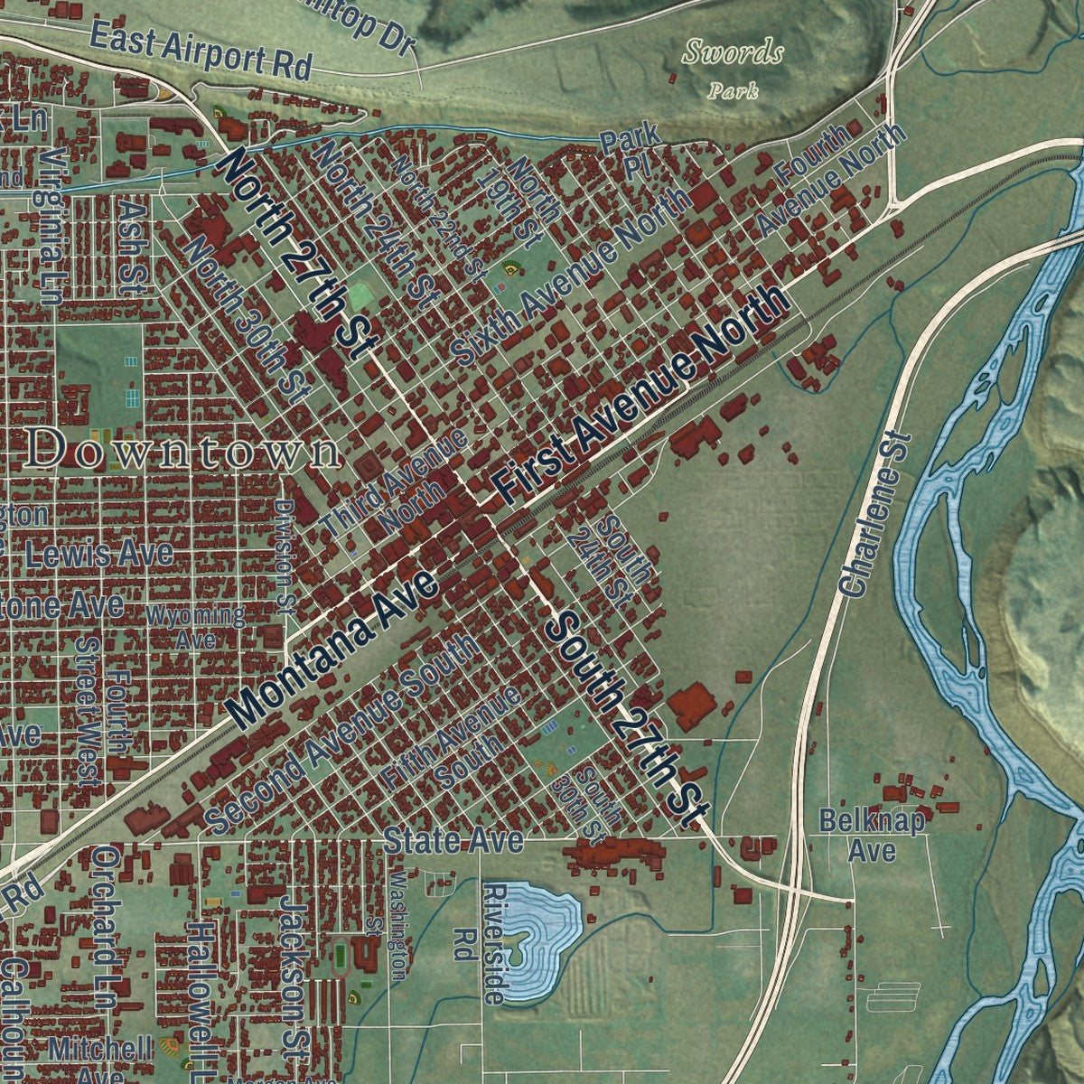 Second close-up of the map of Billings, Montana print showing more streets and buildings