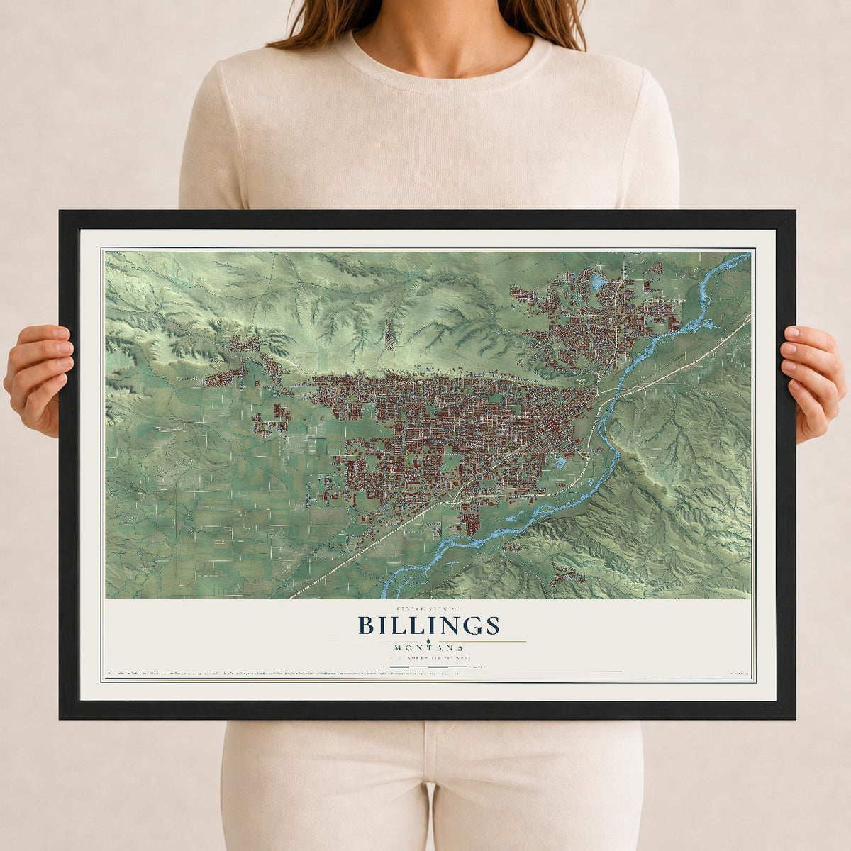 Map of Billings, Montana, 12 x 18 inch print in a black wood frame