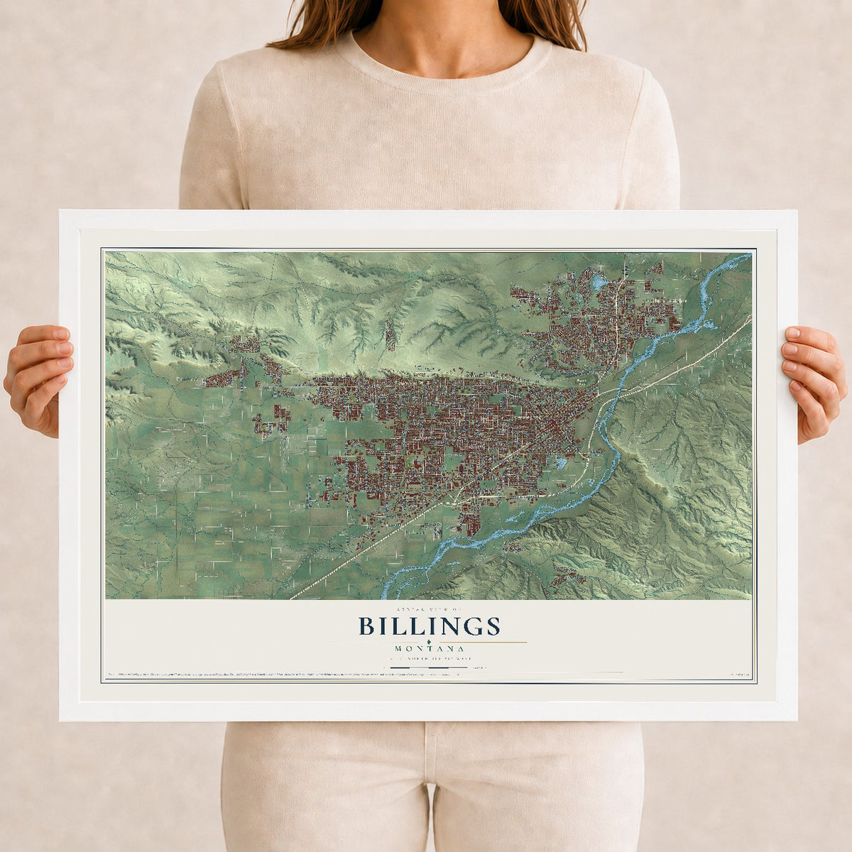 Map of Billings, Montana, 12 x 18 inch print in a white wood frame