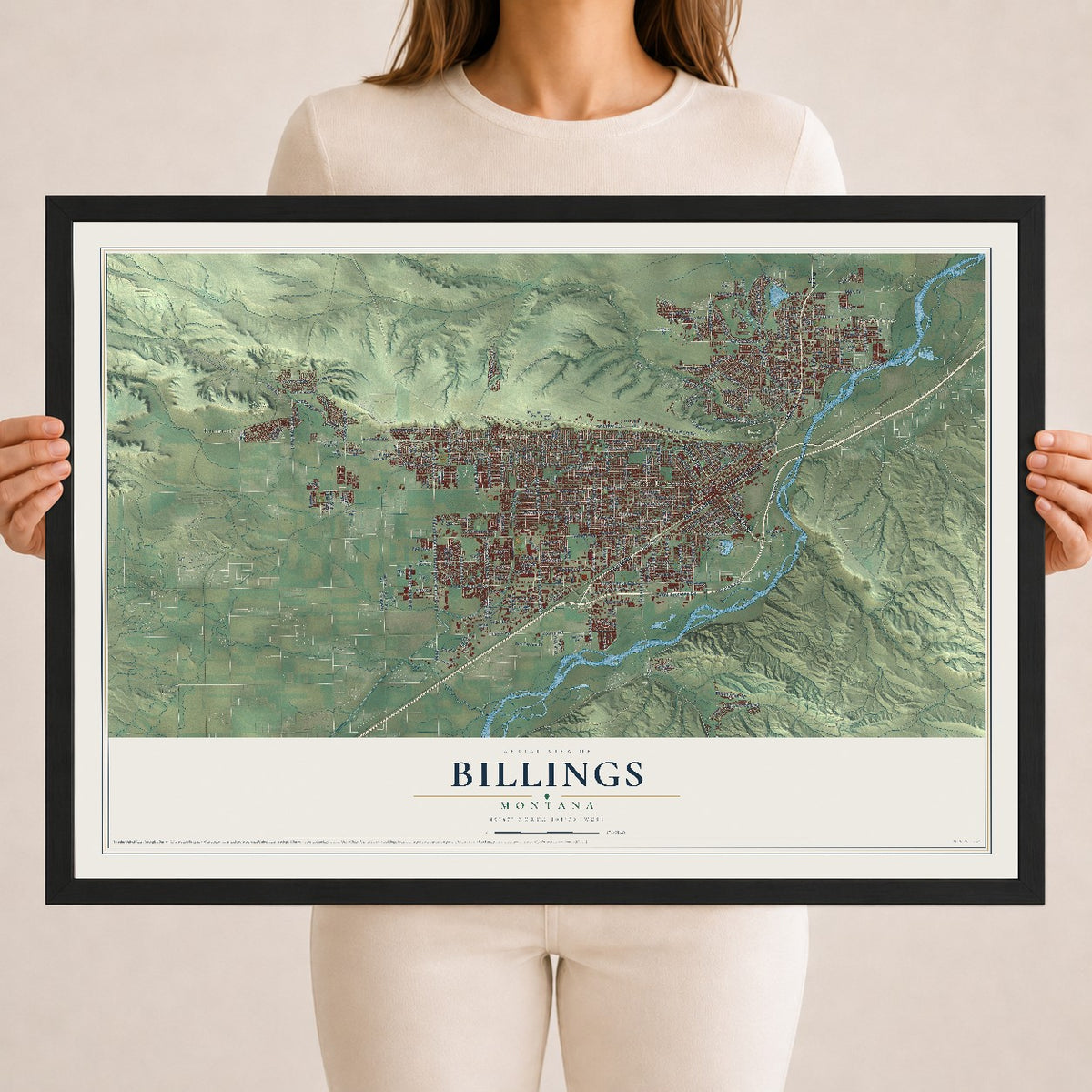 Map of Billings, Montana, 18 x 24 inch print in a black wood frame