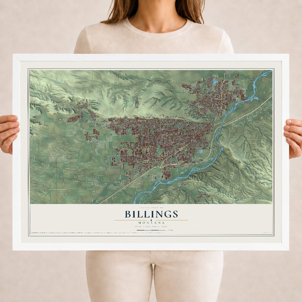 Map of Billings, Montana, 18 x 24 inch print in a white wood frame