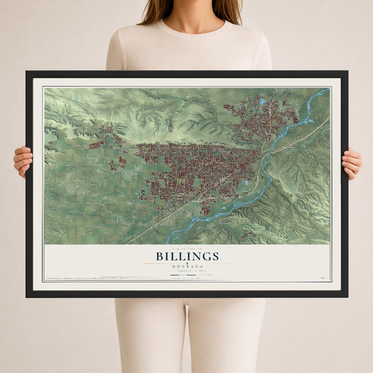 Map of Billings, Montana, 24 x 36 inch print in a black wood frame