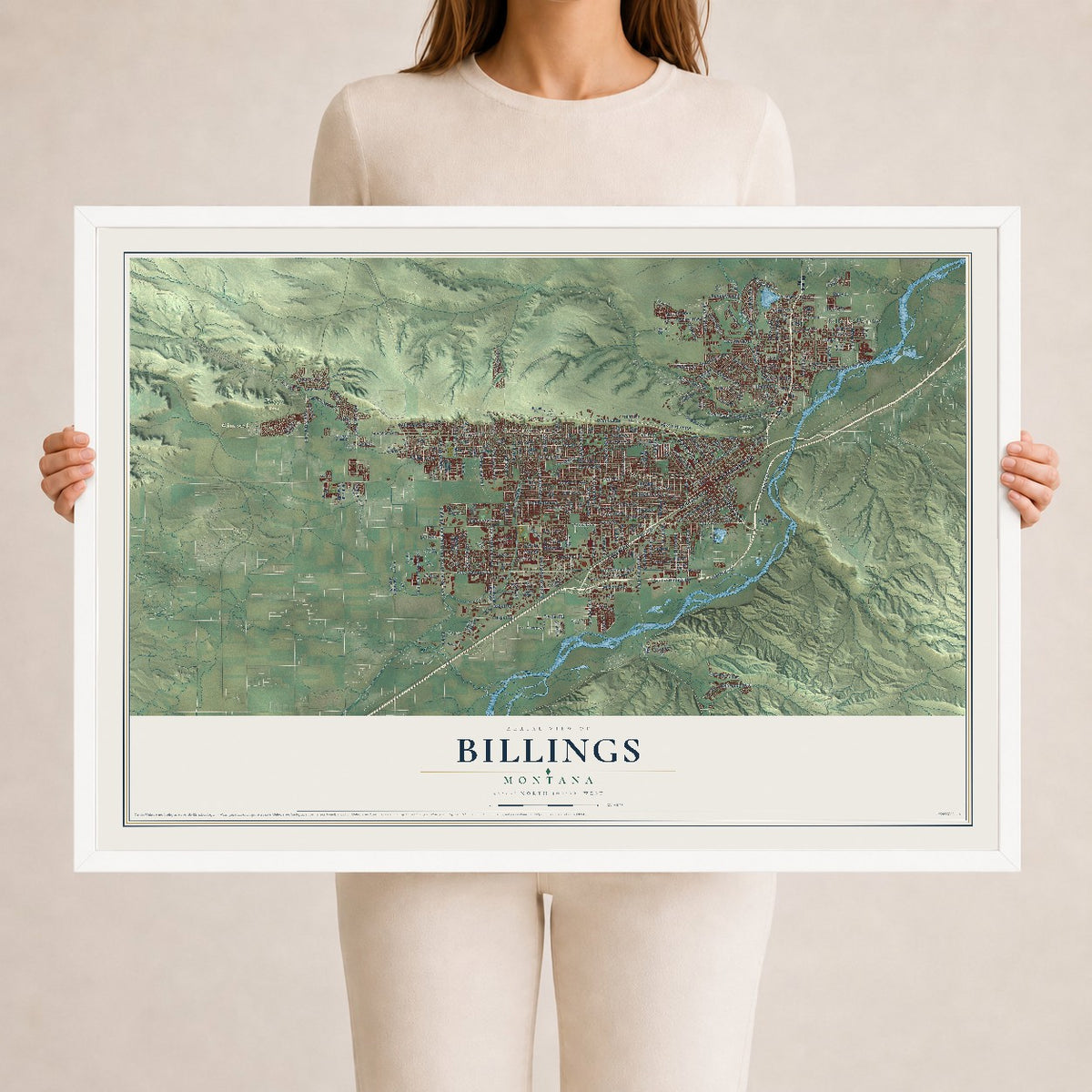 Map of Billings, Montana, 24 x 36 inch print in a white wood frame