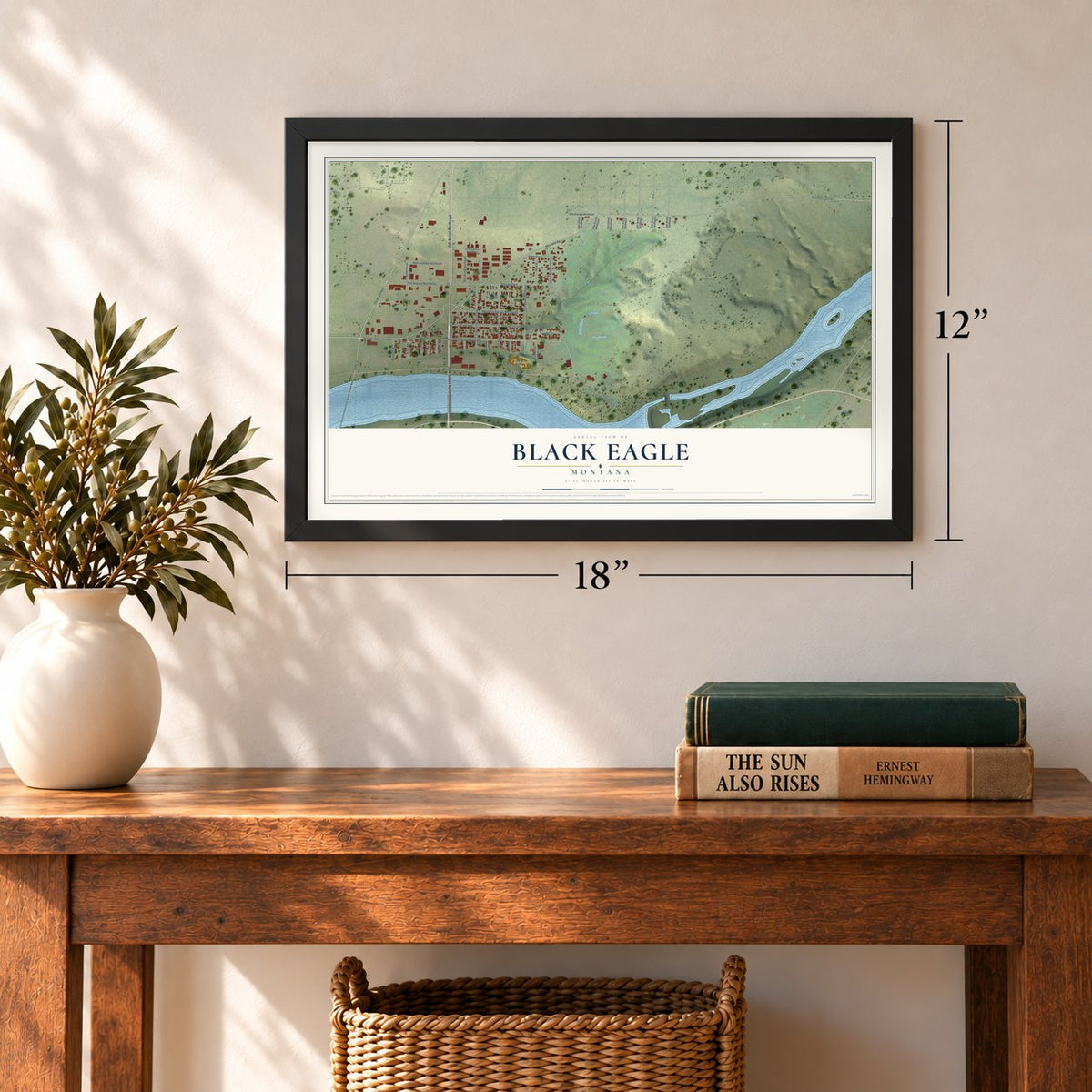 Black Eagle, Montana map, 12 x 18 inch print in a black frame in an entryway