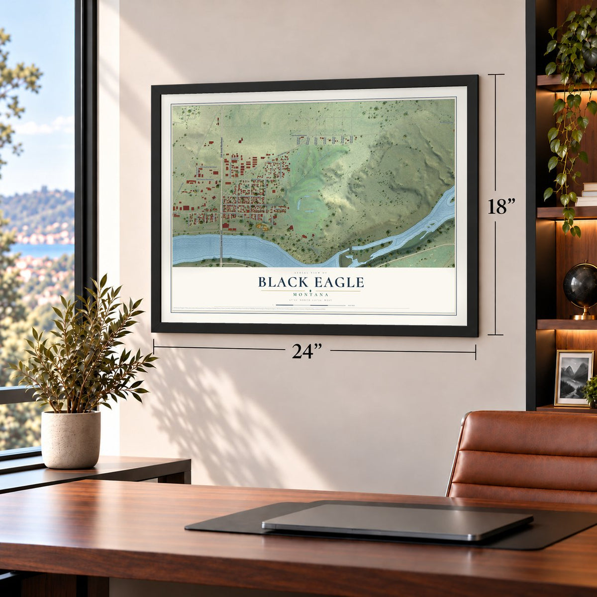 Black Eagle, Montana map, 18 x 24 inch print in a black frame in a home office