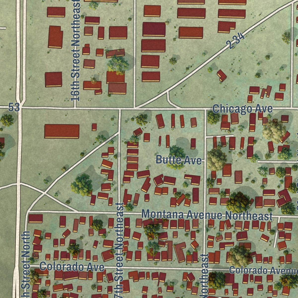 Close-up of the map of Black Eagle, Montana print showing street and building detail