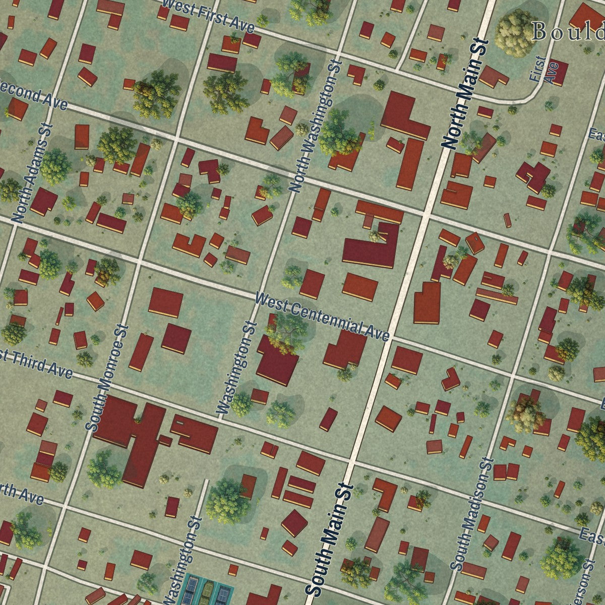 Close-up of the map of Boulder, Montana print showing street and building detail