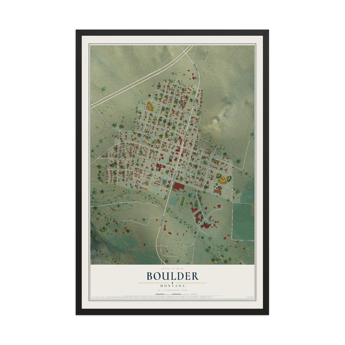 Map of Boulder, Montana, 12 x 18 inch print in a black wood frame