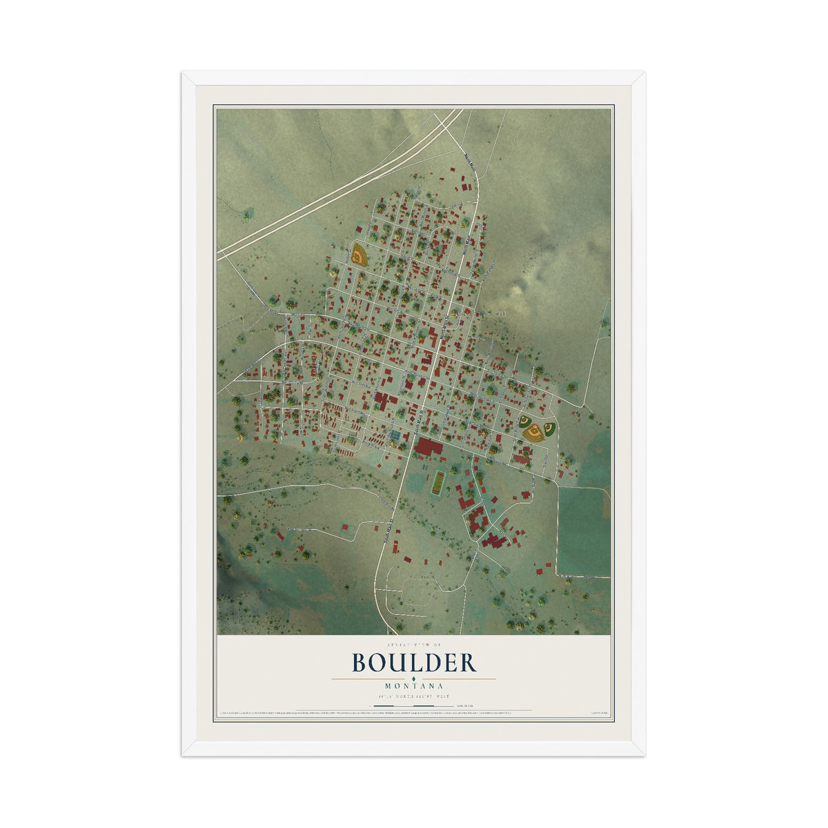 Map of Boulder, Montana, 12 x 18 inch print in a white wood frame