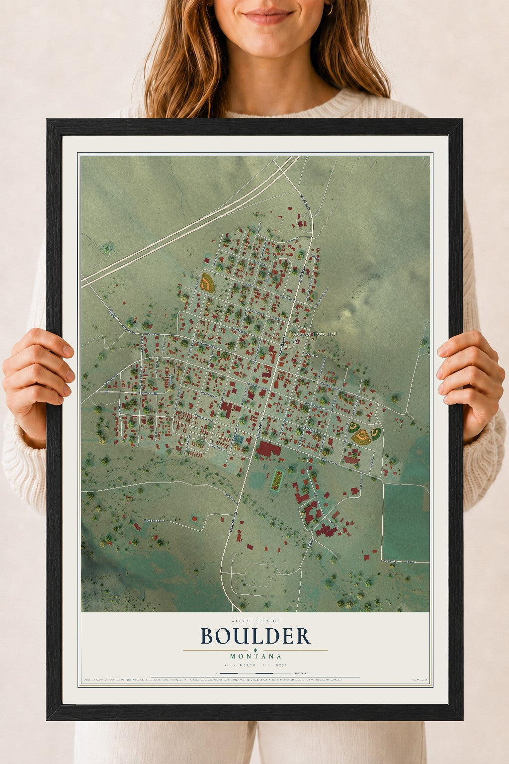 Map of Boulder, Montana, 18 x 24 inch print in a black wood frame