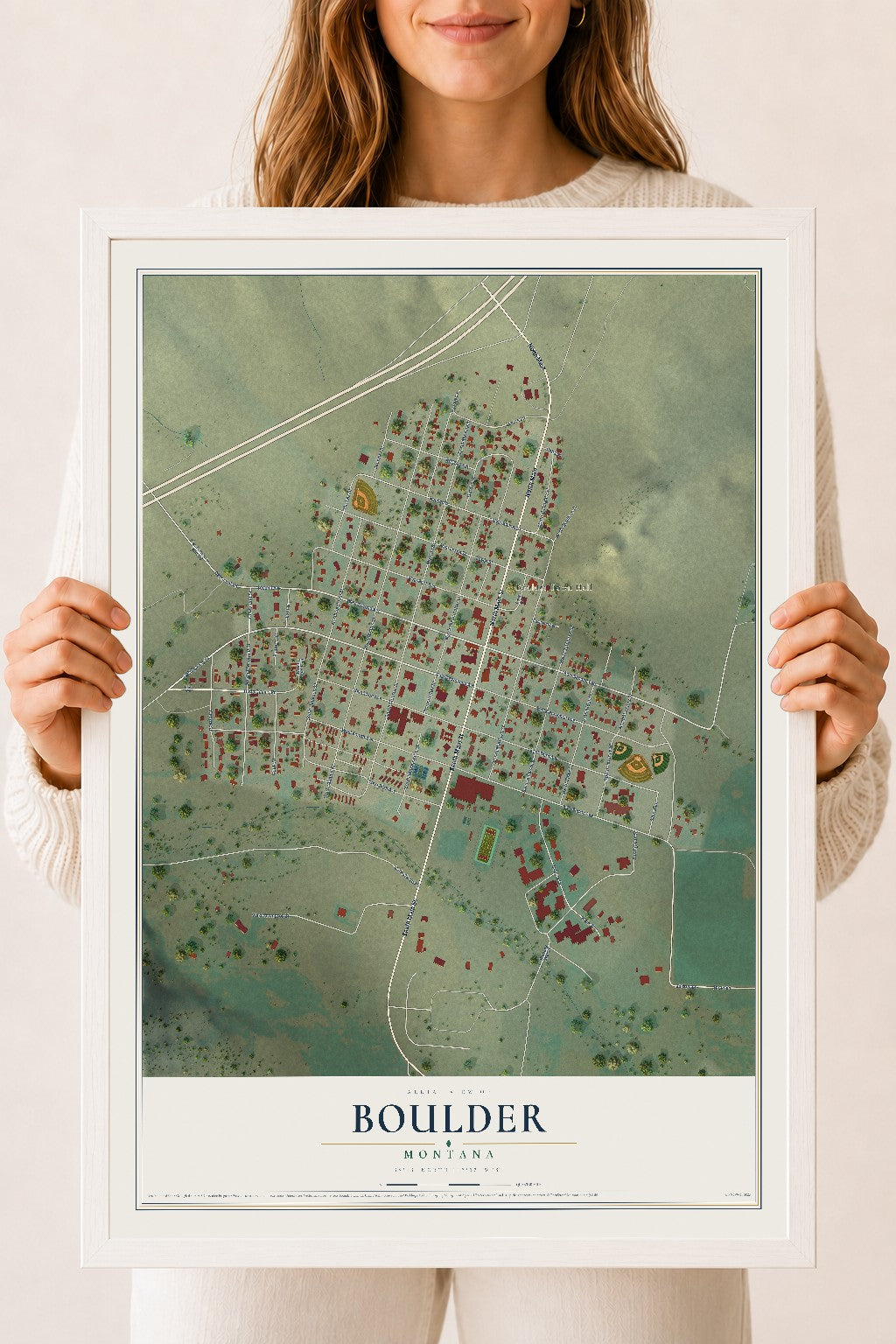 Map of Boulder, Montana, 18 x 24 inch print in a white wood frame