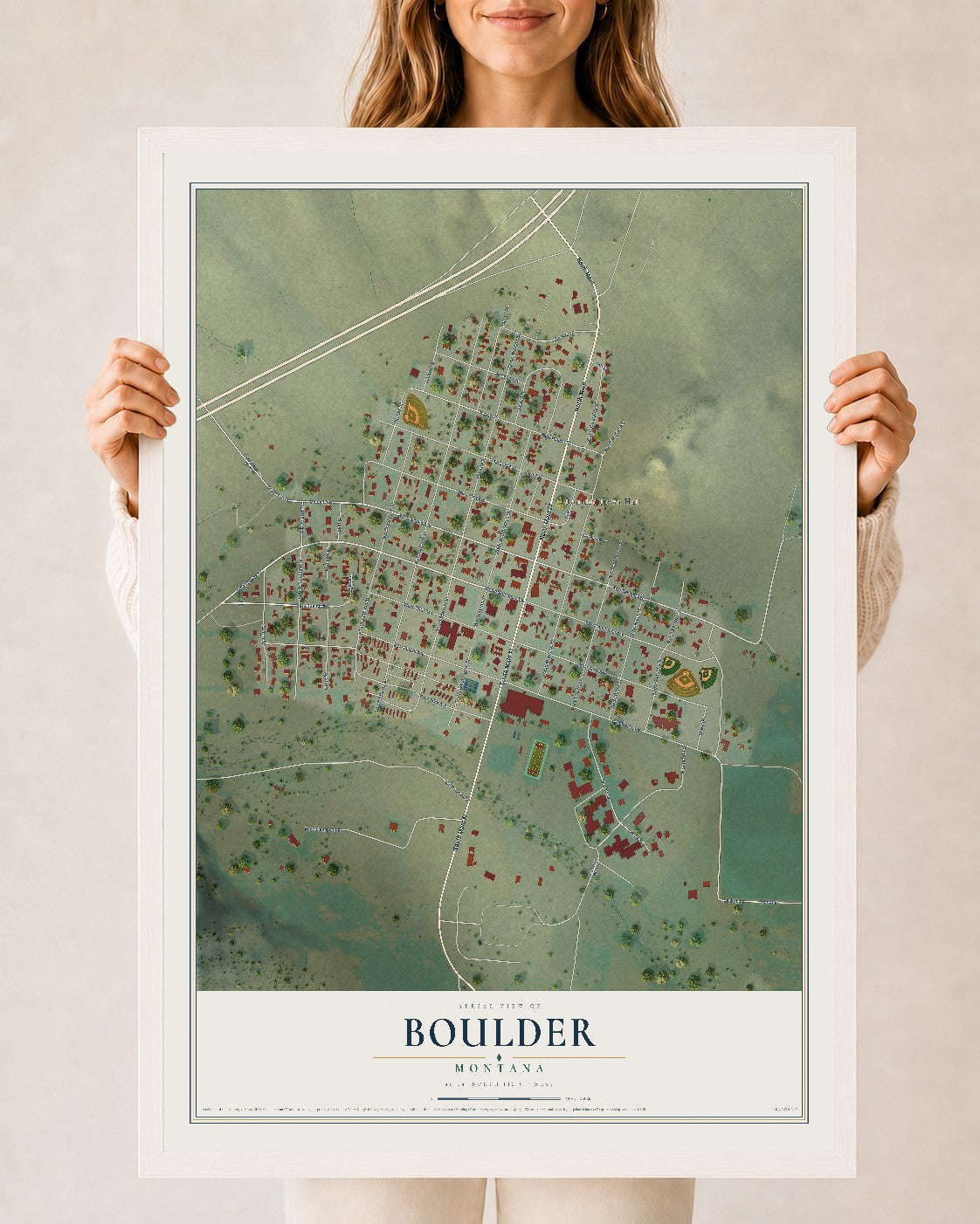 Map of Boulder, Montana, 24 x 36 inch print in a white wood frame