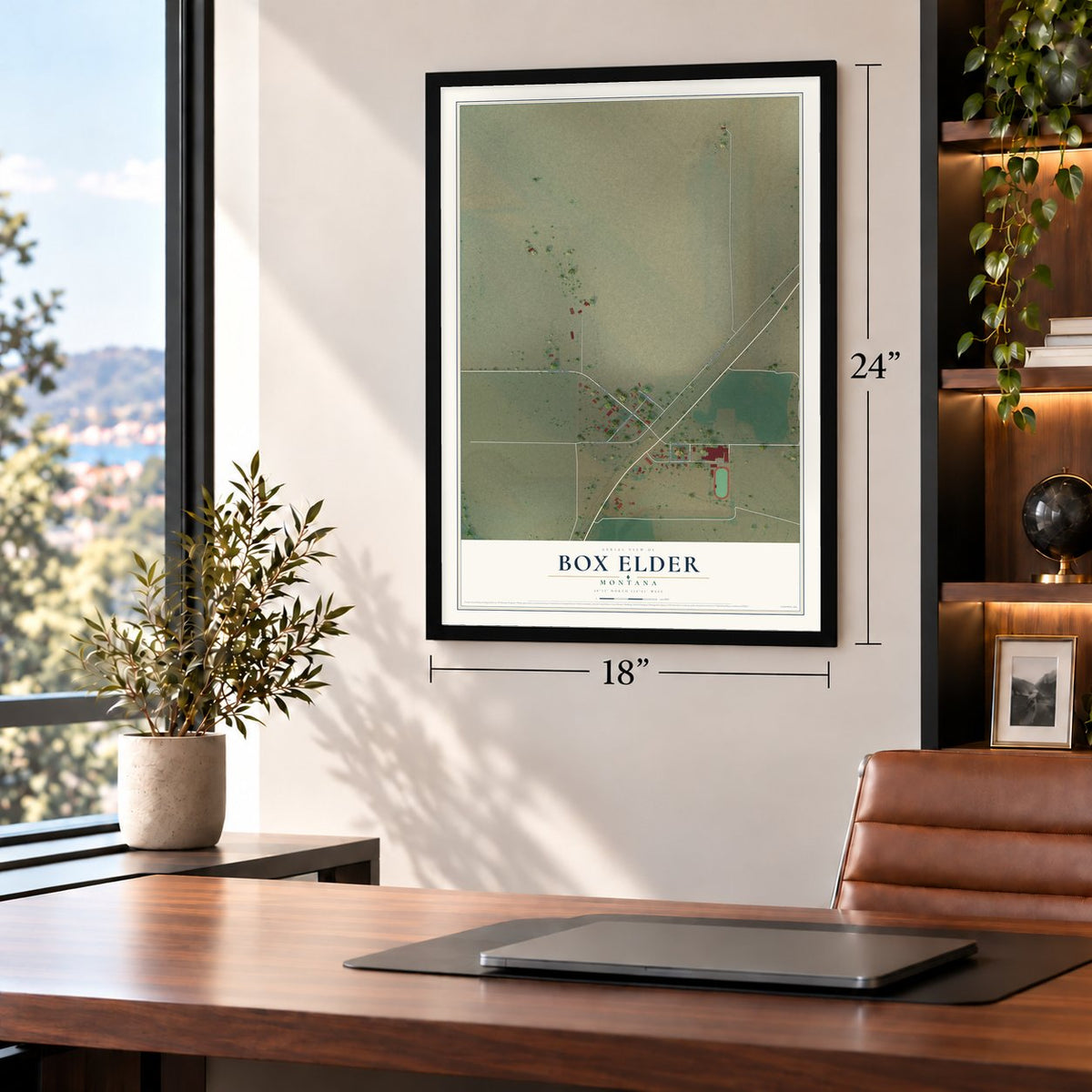 Box Elder, Montana map, 18 x 24 inch print in a black frame in a home office