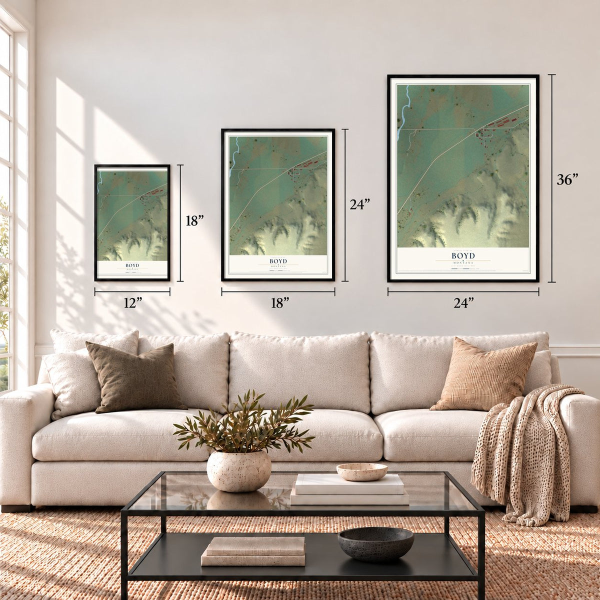 Boyd, Montana map in 12 x 18, 18 x 24 and 24 x 36 inch sizes above a sofa