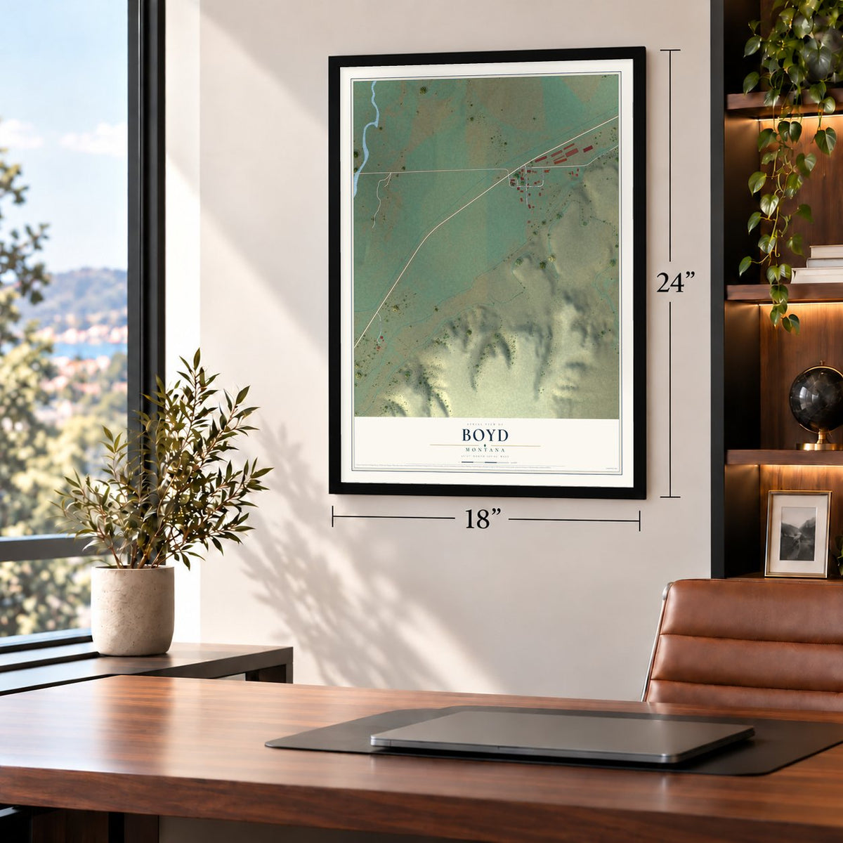 Boyd, Montana map, 18 x 24 inch print in a black frame in a home office