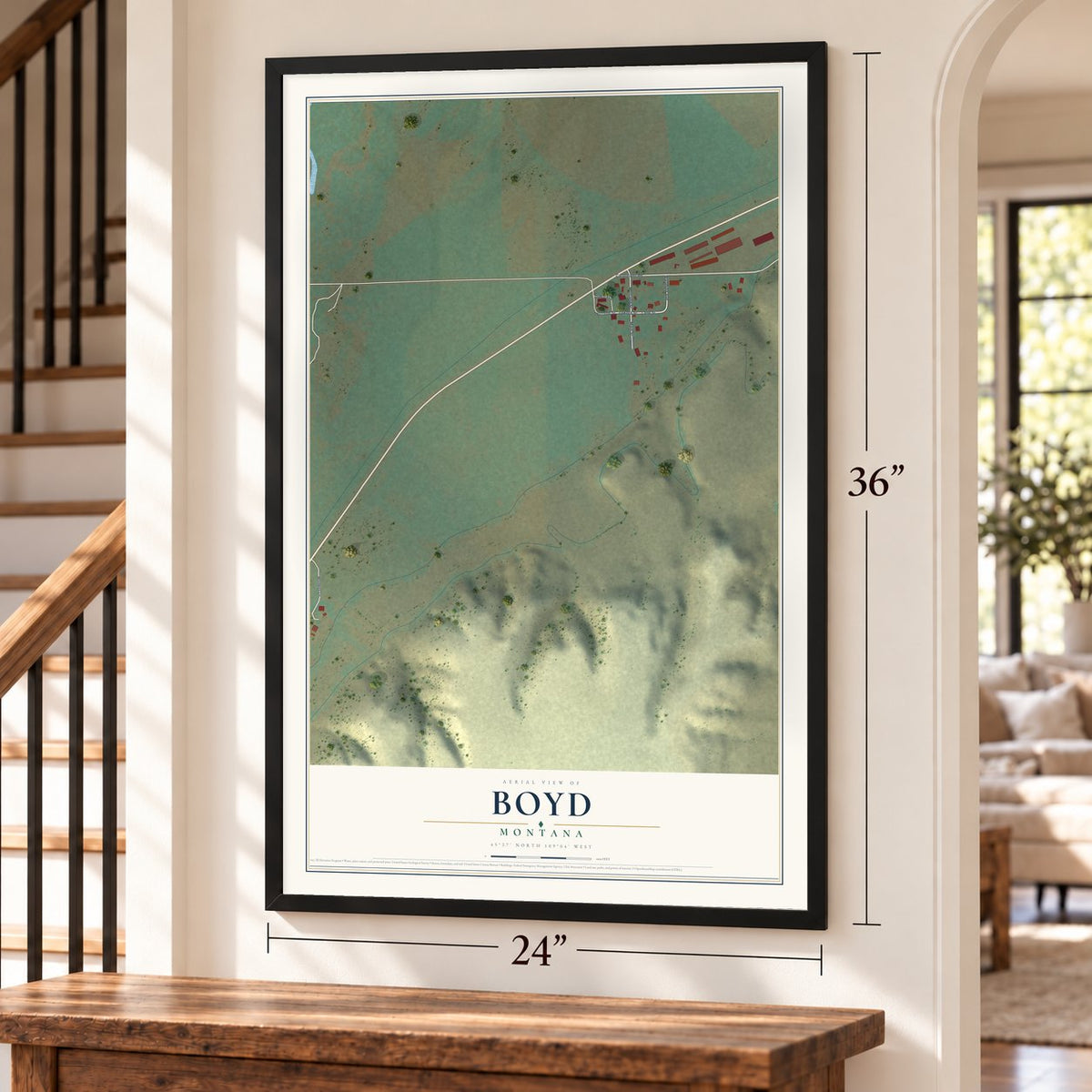 Boyd, Montana map, 24 x 36 inch print in a black frame by a staircase