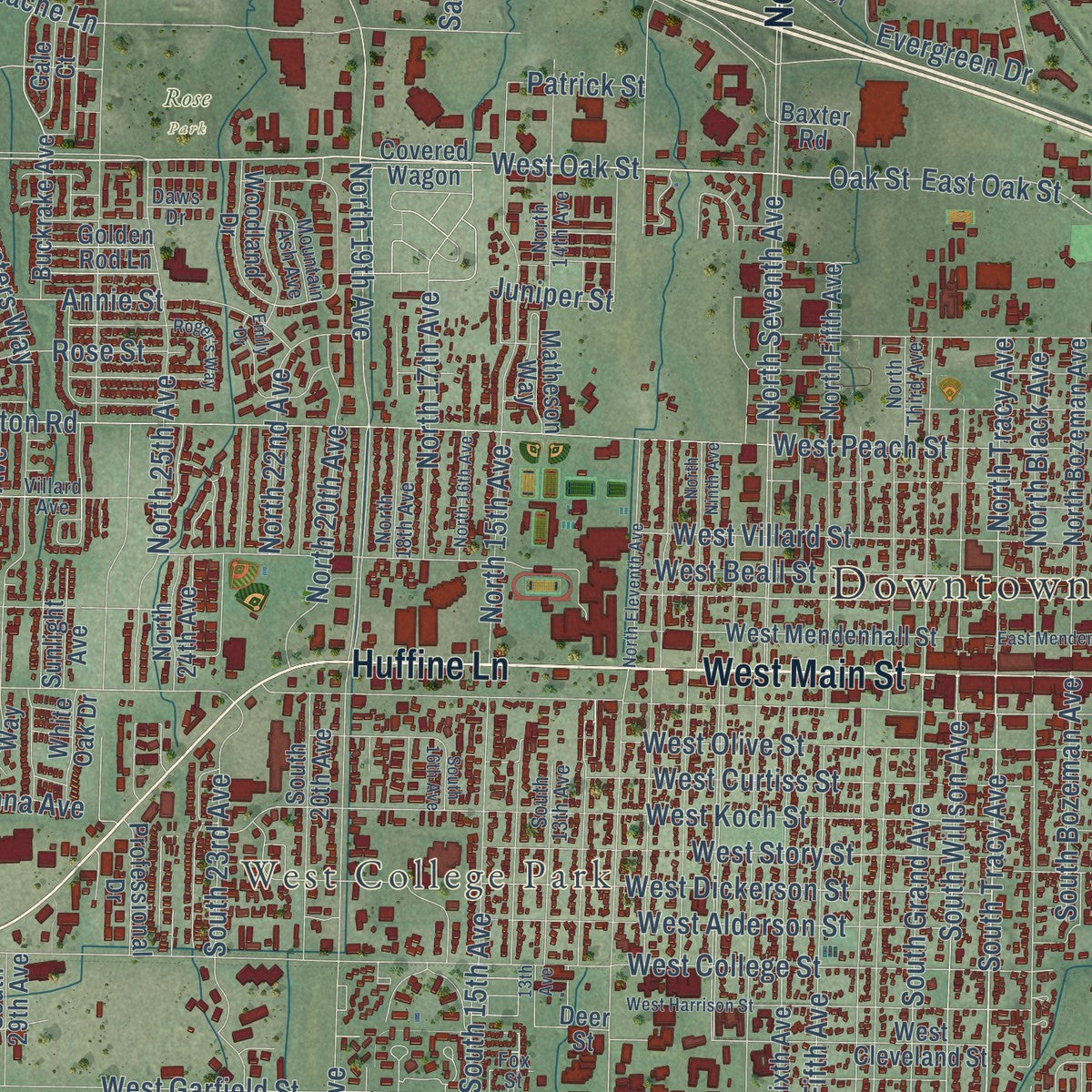 Close-up of the map of Bozeman, Montana print showing street and building detail