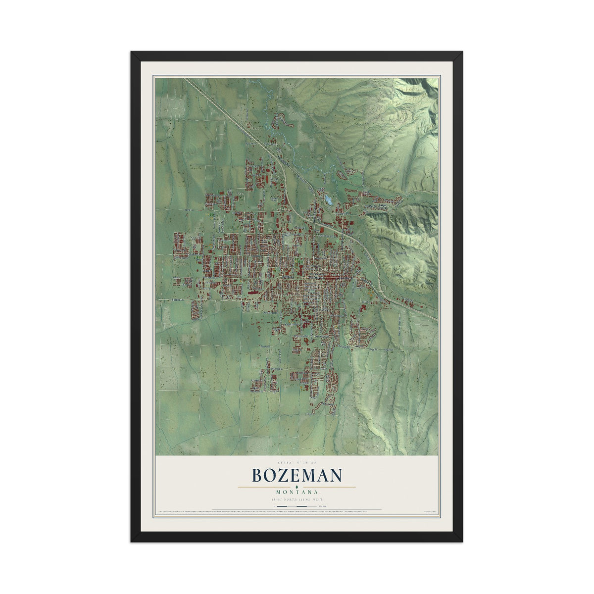 Map of Bozeman, Montana, 12 x 18 inch print in a black wood frame