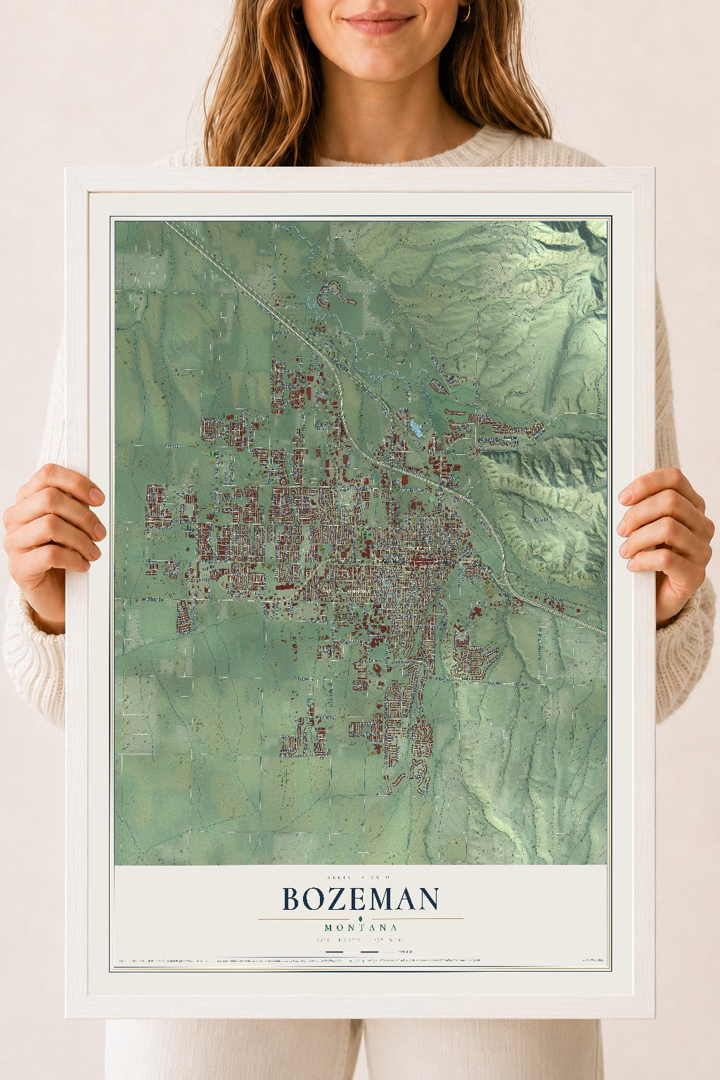 Map of Bozeman, Montana, 18 x 24 inch print in a white wood frame