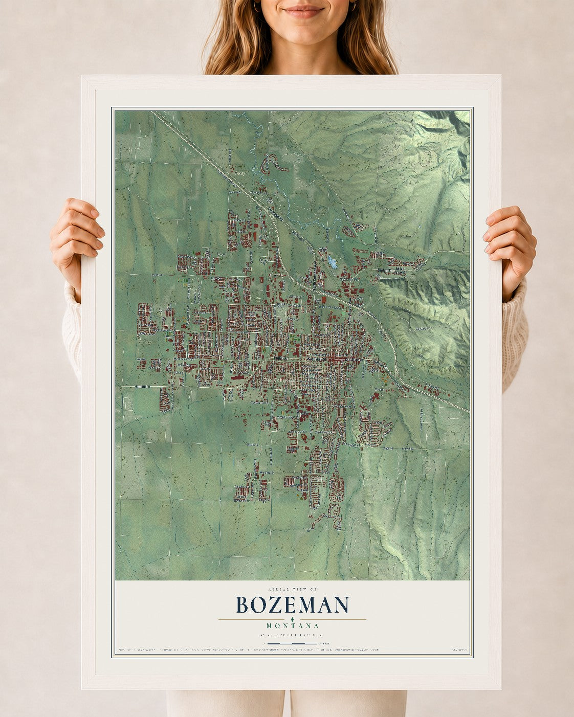 Map of Bozeman, Montana, 24 x 36 inch print in a white wood frame