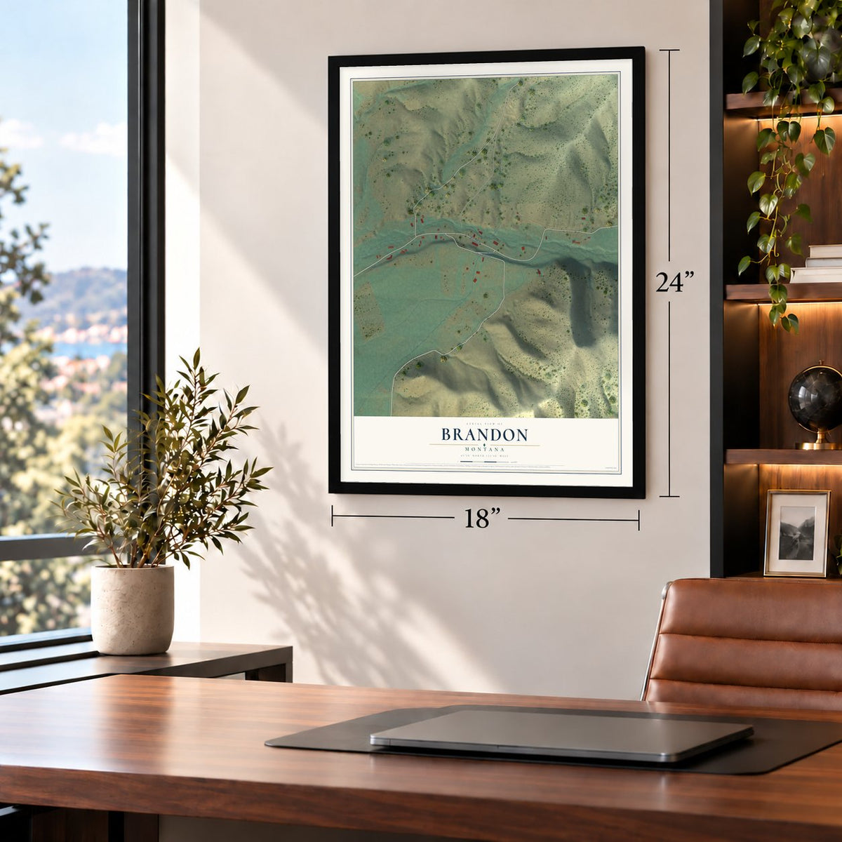 Brandon, Montana map, 18 x 24 inch print in a black frame in a home office