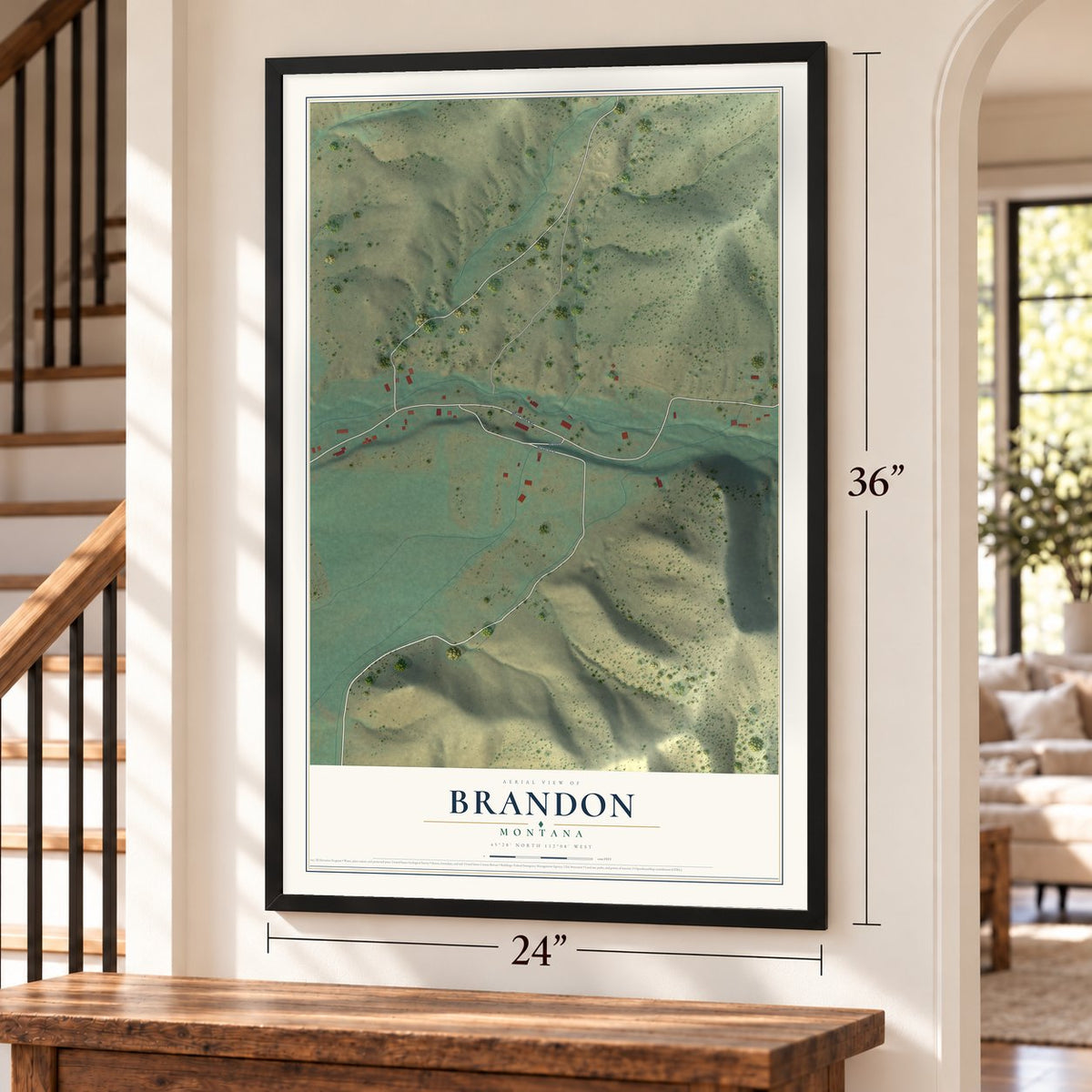 Brandon, Montana map, 24 x 36 inch print in a black frame by a staircase