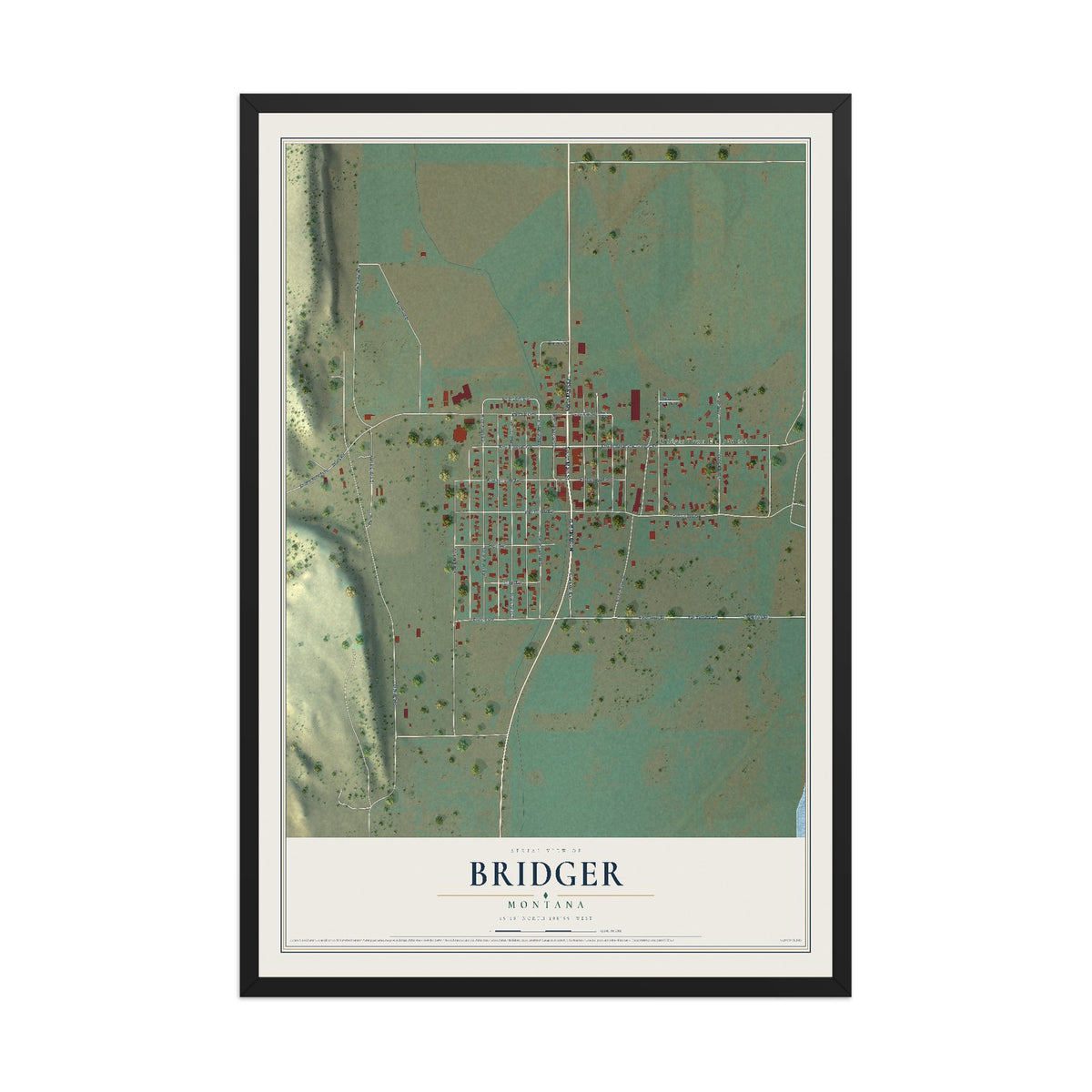 Map of Bridger, Montana, 12 x 18 inch print in a black wood frame