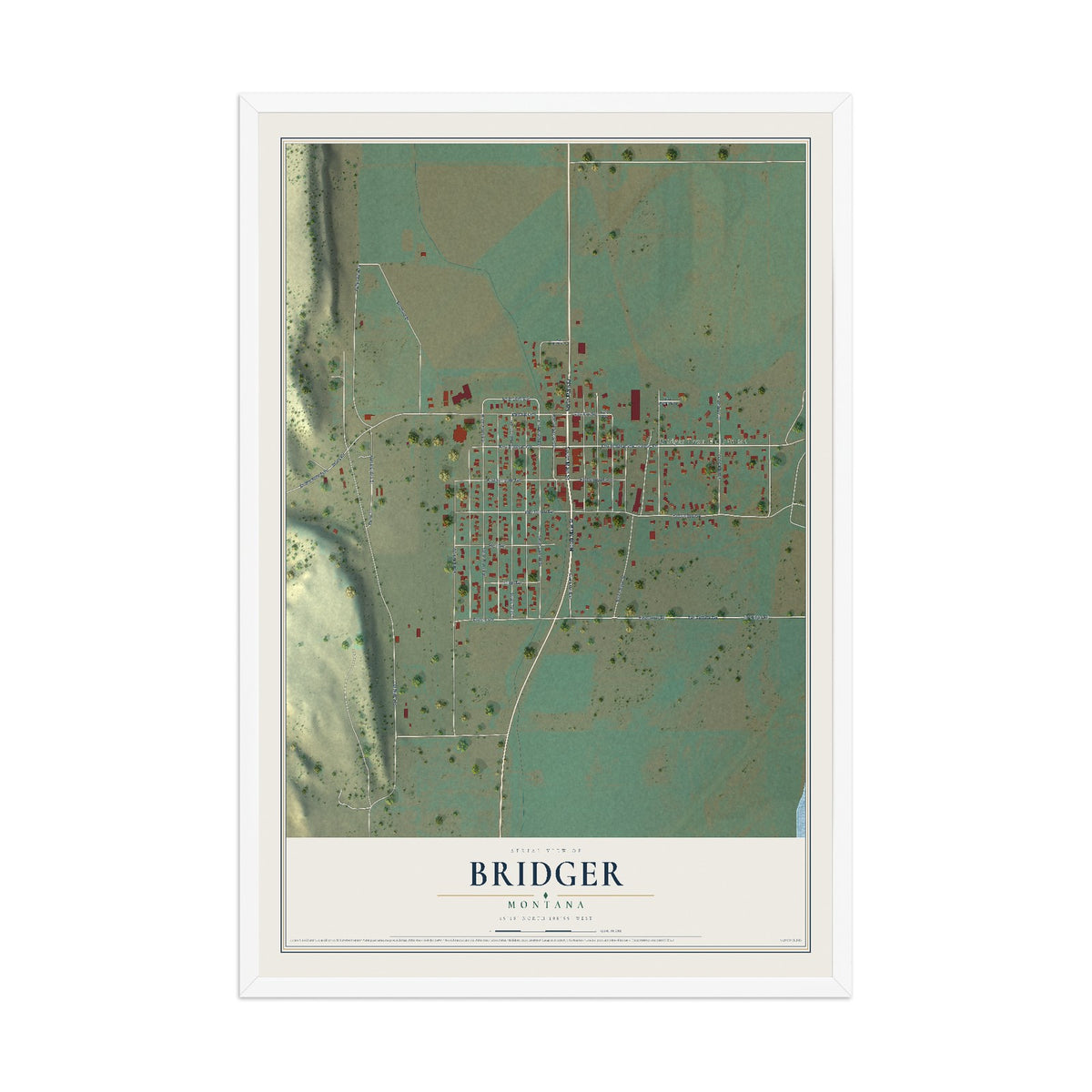 Map of Bridger, Montana, 12 x 18 inch print in a white wood frame