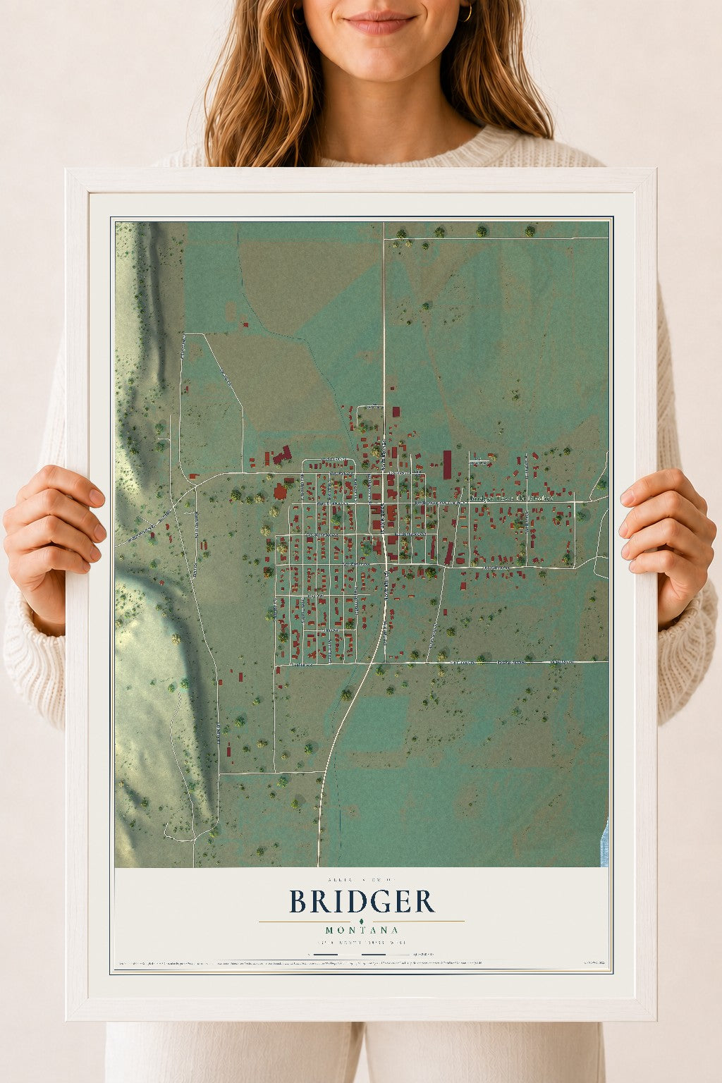Map of Bridger, Montana, 18 x 24 inch print in a white wood frame