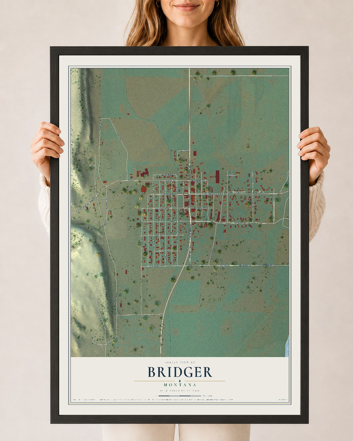 Map of Bridger, Montana, 24 x 36 inch print in a black wood frame