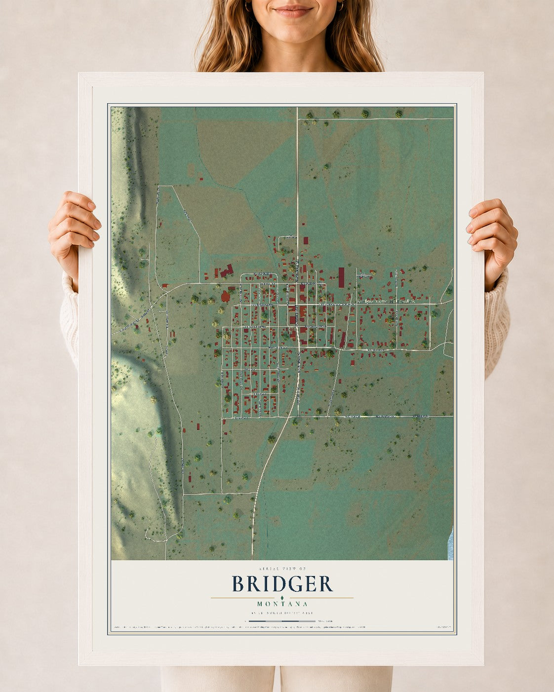 Map of Bridger, Montana, 24 x 36 inch print in a white wood frame